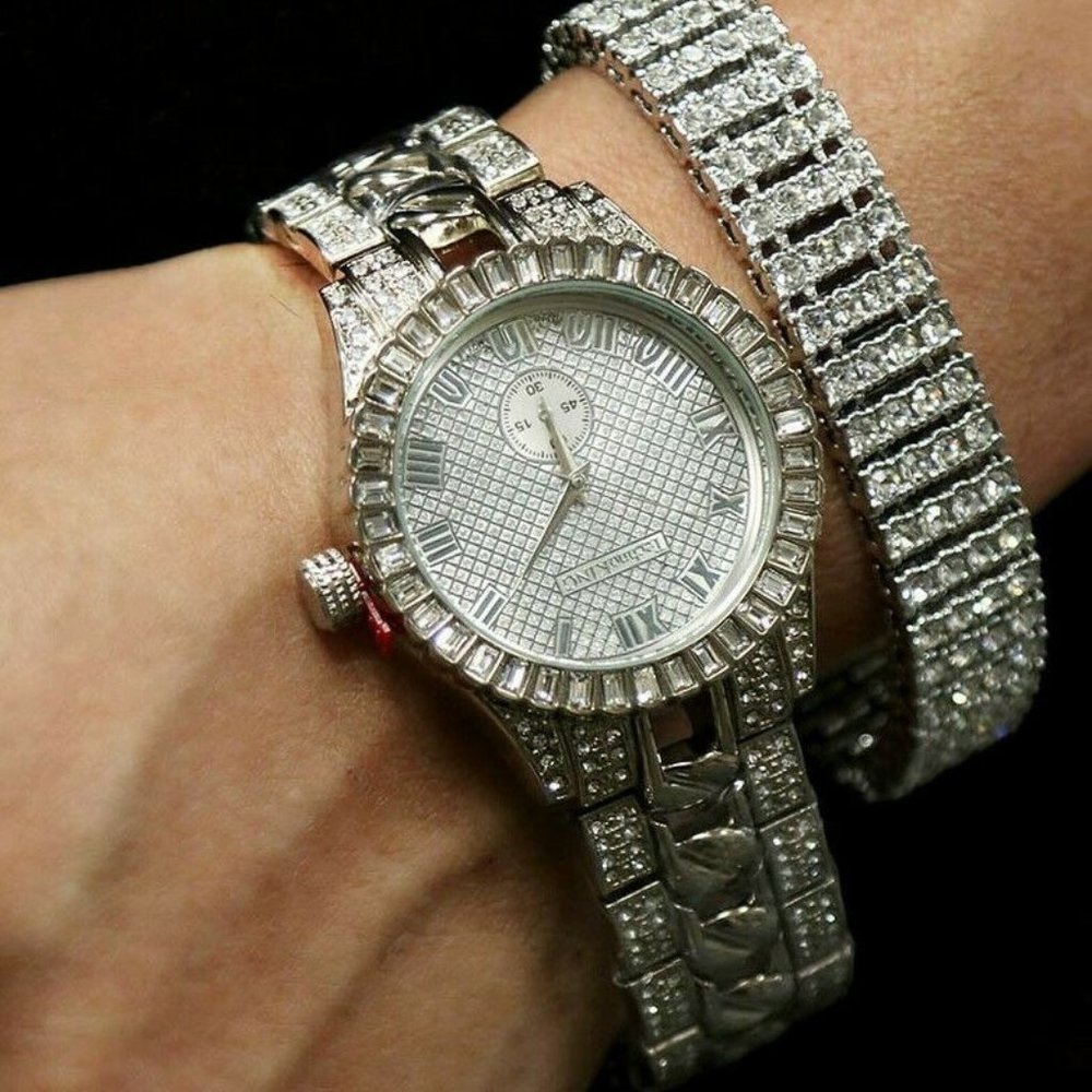 White Gold 45mm Watch + 4 Row Bracelet Set - Picture 1 of 4
